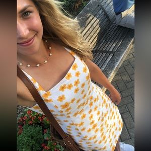 White Linen Sundress with Yellow Flowers Size Medium Floral Spring Summer